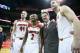 LOUISVILLE, KY - MARCH 08: Stephan Van Treese #44 , Tim Henderson #15, Russ Smith #2, Rick Pitino and Luke Hancock #11 of the Louisville Cardinals after the game against the Connecticut Huskies at KFC YUM! Center on March 8, 2014 in Louisville, Kentucky. It was senior day and the Cardinals 81-48. (Photo by Andy Lyons/Getty Images)