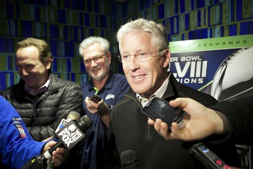 Seattle Seahawks head coach Pete Carroll addresses the media before the premiere of NFL Films'
