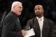 Los Angeles Lakers' head coach Phil Jackson, left, and assistant coach Brian Shaw stand together during a timeout against the Milwaukee Bucks' during the the second half of an NBA basketball game in Los Angeles on Tuesday, Dec. 21, 2010. The Bucks won 98-79. (AP Photo/Danny Moloshok)