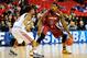 Mar 12, 2014; Atlanta, GA, USA; South Carolina Gamecocks guard Sindarius Thornwell (0) controls the ball in front of Auburn Tigers guard Chris Denson (3) during the first half in the first round of the SEC Tournament at Georgia Dome. Mandatory Credit: Dale Zanine-USA TODAY Sports