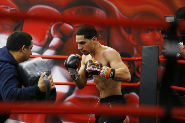 Danny Garcia spars during a media workout, Wednesday, Feb. 26, 2014, in Philadelphia. Garcia is scheduled to face Mauricio Herrera on March 15 at Coliseo Ruben Rodriguez in Bayamon, Puerto Rico. (AP Photo/Matt Rourke)