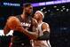 Oct 17, 2013; Brooklyn, NY, USA; Brooklyn Nets small forward Paul Pierce (34) holds off Miami Heat small forward LeBron James (6) during the first quarter at Barclays Center. Mandatory Credit: Anthony Gruppuso-USA TODAY Sports
