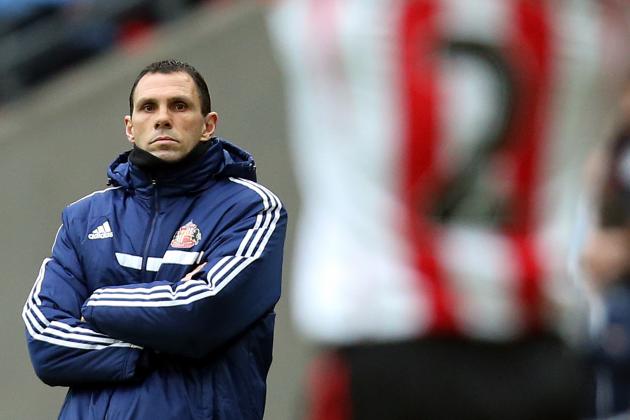 Sunderland's manager Gus Poyet looks on during their English League Cup final soccer match against Manchester City at Wembley Stadium, London, England, Sunday, March 2, 2014. (AP Photo/Scott Heppell)