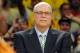 Apr 2, 2013; Los Angeles, CA, USA; Phil Jackson looks on as the jersey of Los Angeles Lakers former player Shaquille O'Neal (not pictured) is retired during a half time ceremony during the game against the Dallas Mavericks at the Staples Center. Mandatory Credit: Jayne Kamin-Oncea-USA TODAY Sports