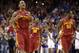 Iowa State players celebrate after their upset victory over Kansas in an NCAA college basketball game in the semifinals of the Big 12 Conference tournament on Friday, March 14, 2014, in Kansas City, Mo. Iowa State won the game 94-83. (AP Photo/Charlie Riedel)