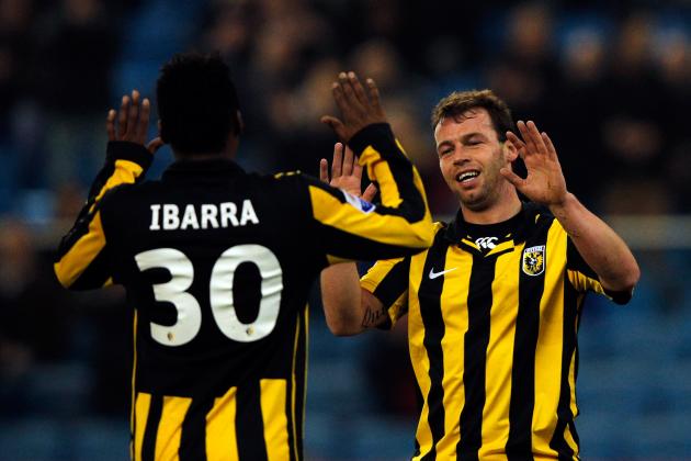 ARNHEM, NETHERLANDS - DECEMBER 19: Nicky Hofs (R) of Vitesse celebrates with team mate Renato Ibarra after he scores a goal during the KNVB Dutch Cup match between Vitesse Arnhem and ADO 20 at Gelredome on December 19, 2012 in Arnhem, Netherlands. (Photo by Dean Mouhtaropoulos/Getty Images)