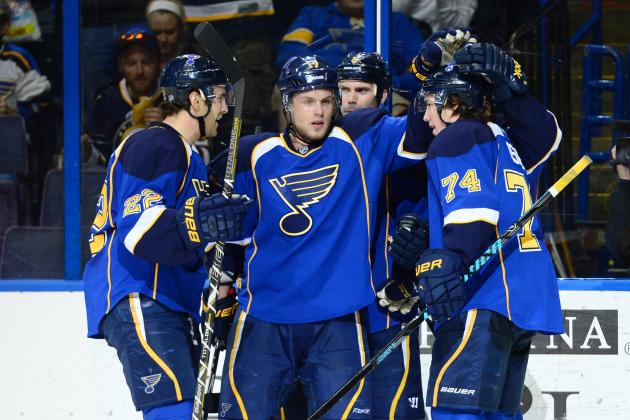 Mar 13, 2014; St. Louis, MO, USA; St. Louis Blues celebrate the goal scored by St. Louis Blues right wing Vladimir Tarasenko (not pictured) during the second period at Scottrade Center. Mandatory Credit: Jasen Vinlove-USA TODAY Sports