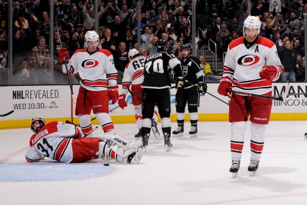 LOS ANGELES, CA - MARCH 1:  Mike Richards #10 of the Los Angeles Kings celebrate after scoring a goal against the Carolina Hurricanes at Staples Center on March 1, 2014 in Los Angeles, California. (Photo by Juan Ocampo/NHLI via Getty Images)
