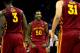 KANSAS CITY, MO - MARCH 14: DeAndre Kane #50 of the Iowa State Cyclones celebrates with Melvin Ejim #3, and Georges Niang #31 after scoring during the Big 12 Basketball Tournament semifinal game against the Kansas Jayhawks at Sprint Center on March 14, 2014 in Kansas City, Missouri. (Photo by Jamie Squire/Getty Images)