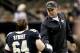 Oct 27, 2013; New Orleans, LA, USA; New Orleans Saints head coach Sean Payton shakes hands with tackle Zach Strief (64) prior to a game against the Buffalo Bills at Mercedes-Benz Superdome. Mandatory Credit: Derick E. Hingle-USA TODAY Sports
