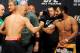 Nov 15, 2013; Las Vegas, NV, USA; UFC welterweight champion Georges St. Pierre shakes hands with welterweight challenger Johny Hendricks during the weigh-in of UFC 167 at MGM Grand Garden Arena. Mandatory Credit: Stephen R. Sylvanie-USA TODAY Sports