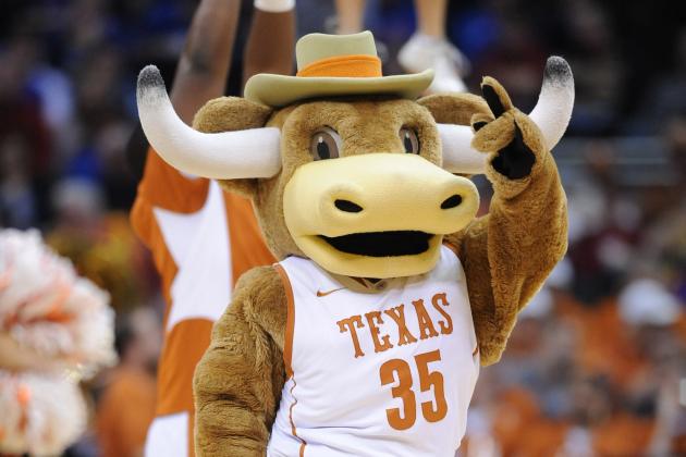 Mar 14, 2014; Kansas City, MO, USA; The Texas Longhorns mascot entertains the crowd during the second half against the Baylor Bears in the semifinals of the Big 12 Conference college basketball tournament at Sprint Center. Baylor won 86 - 69. Mandatory Credit: Denny Medley-USA TODAY Sports