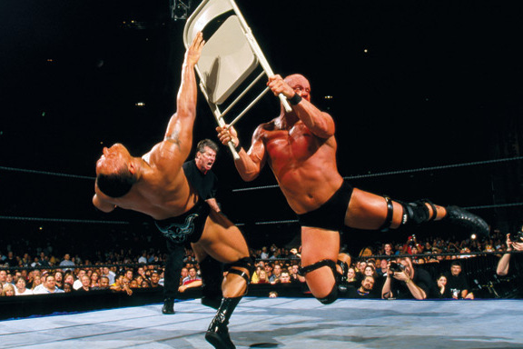 Steve Austin vs. The Rock, WrestleMania X-Seven (Source: WWE)