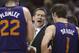Mar 16, 2014; Toronto, Ontario, CAN; Phoenix Suns head coach Jeff Hornacek gives out instructions to guard Goran Dragic (1) during a time-out against the Toronto Raptors at Air Canada Centre. The Suns beat the Raptors 121-113. Mandatory Credit: Tom Szczerbowski-USA TODAY Sports