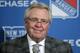 New York Rangers president and general manager Glen Sather smiles as he speaks about the Rangers' trade for defenseman John Scott of the Chicago Blackhawks, before the Rangers' NHL hockey game against the New Jersey Devils at Madison Square Garden in New York, Monday, Feb. 27, 2012. (AP Photo/Kathy Willens)