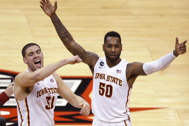 Iowa State forward Georges Niang (31) and guard DeAndre Kane (50) celebrate following an NCAA college basketball game in the final of the Big 12 Conference men's tournament in Kansas City, Mo., Saturday, March 15, 2014. Iowa State defeated Baylor 74-65. (AP Photo/Orlin Wagner)