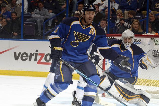 ST. LOUIS, MO - MARCH 17: Barret Jackman #5 of the St. Louis Blues blocks a shot during an NHL game against the Winnipeg Jets on March 17, 2014 at Scottrade Center in St. Louis, Missouri. (Photo by Mark Buckner/NHLI via Getty Images)