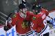Chicago Blackhawks' Ben Smith (28), celebrates with teammate Marian Hossa (81), after scoring during the third period of an NHL hockey game against the St. Louis Blues in Chicago, Wednesday, March, 19, 2014. Chicago won 4-0. (AP Photo/Paul Beaty)