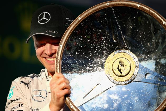 MELBOURNE, AUSTRALIA - MARCH 16:  Nico Rosberg of Germany and Mercedes GP celebrates on the podium after winning the Australian Formula One Grand Prix at Albert Park on March 16, 2014 in Melbourne, Australia.  (Photo by Clive Mason/Getty Images)