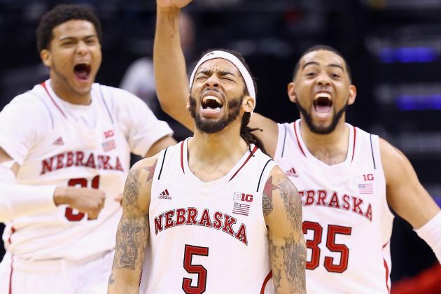 INDIANAPOLIS, IN - MARCH 14:  Terran Petteway #5 of the Nebraska Cornhuskers and Walter Pitchford #35 celebrate in the game against the Ohio State Buckeyes during the Quarterfinals of the Big Ten Basketball Tournament at Bankers Life Fieldhouse on March 14, 2014 in Indianapolis, Indiana.  (Photo by Andy Lyons/Getty Images)