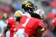 Oct 19, 2013; Columbus, OH, USA; Ohio State Buckeyes cornerback Bradley Roby (1) hits Iowa Hawkeyes tight end C.J. Fiedorowicz (86) helmet to helmet during the first quarter at Ohio Stadium. Mandatory Credit: Andrew Weber-USA TODAY Sports