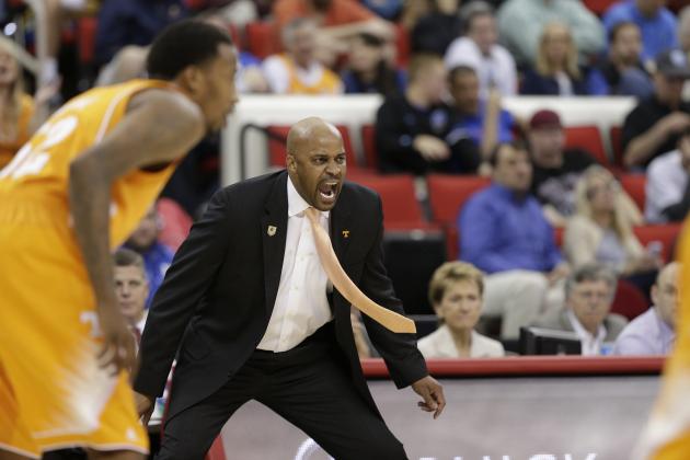 Tennessee head coach Cuonzo Martin speaks to players against Massachusetts during the first half of an NCAA college basketball second-round tournament game, Friday, March 21, 2014, in Raleigh. (AP Photo/Chuck Burton)