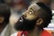 Mar 22, 2014; Cleveland, OH, USA; Houston Rockets guard James Harden watches from the bench during the fourth quarter against the Cleveland Cavaliers at Quicken Loans Arena. Houston won 118-111. Mandatory Credit: Ken Blaze-USA TODAY Sports