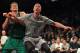 Mar 21, 2014; Brooklyn, NY, USA; Brooklyn Nets power forward Mason Plumlee (1) boxes out Boston Celtics center Kris Humphries (43) on a foul shot during the second quarter of a game at Barclays Center. Mandatory Credit: Brad Penner-USA TODAY Sports