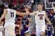 Mar 21, 2014; San Diego, CA, USA; Arizona Wildcats center Kaleb Tarczewski (35) celebrates with forward Aaron Gordon (11) in the second half of a men's college basketball game during the second round of the 2014 NCAA Tournament against the Weber State Wildcats at Viejas Arena. Mandatory Credit: Christopher Hanewinckel-USA TODAY Sports