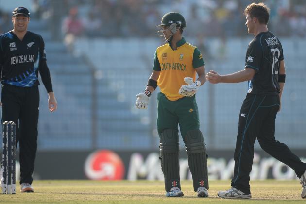CHITTAGONG, BANGLADESH - MARCH 24:  JP Duminy of South Africa reacts after Hashim Amla of South Africa is caught out by Corey Anderson of New Zealand during the ICC World Twenty20 Bangladesh 2014 Group 1 match between New Zealand and South Africa at Zahur Ahmed Chowdhury Stadium on March 24, 2014 in Chittagong, Bangladesh.  (Photo by Gareth Copley/Getty Images)