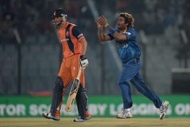CHITTAGONG, BANGLADESH - MARCH 24:  Lasith Malinga of Sri Lanka celebrates after dismissing Mudassar Bukhari of the Netherlands during the ICC World Twenty20 Bangladesh 2014 Group 1 match between Sri Lanka and the Netherlands at Zahur Ahmed Chowdhury Stadium on March 24, 2014 in Chittagong, Bangladesh.  (Photo by Gareth Copley/Getty Images)