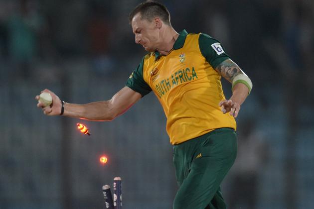 CHITTAGONG, BANGLADESH - MARCH 24:  Dale Steyn of South Africa celebrates running out Ross Taylor of New Zealand to win the ICC World Twenty20 Bangladesh 2014 Group 1 match between New Zealand and South Africa at Zahur Ahmed Chowdhury Stadium on March 24, 2014 in Chittagong, Bangladesh.  (Photo by Gareth Copley/Getty Images)