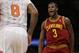 Cleveland Cavaliers' Dion Waiters reacts after making a three-point basket during the second half of the NBA basketball game against the New York Knicks at Madison Square Garden, Sunday, March 23, 2014, in New York. The Cavaliers defeated the Knicks 106 to 100. (AP Photo/Seth Wenig)