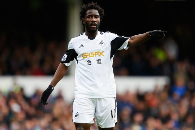 LIVERPOOL, ENGLAND - MARCH 22:  Wilfried Bony of Swansea City makes his point during the Barclays Premier League match between Everton and Swansea City at Goodison Park on March 22, 2014 in Liverpool, England.  (Photo by Paul Thomas/Getty Images)