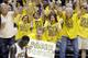 Indiana Pacers fans react after Lance Stephenson, sitting, made a shot against the Miami Heat as time expired in the third quarter of Game 4 of the NBA basketball Eastern Conference finals, Tuesday, May 28, 2013, in Indianapolis. (AP Photo/Michael Conroy)