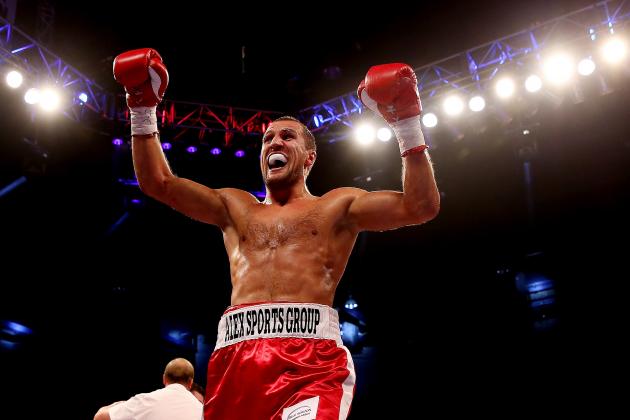CARDIFF, WALES - AUGUST 17: Sergey Kovalev celebrates his victory over Nathan Cleverly during the WBO World Light-Heavyweight Championship bout at Motorpoint Arena on August 17, 2013 in Cardiff, Wales. (Photo by Scott Heavey/Getty Images)