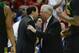 Mar 27, 2014; Anaheim, CA, USA; Baylor Bears head coach Scott Drew (left) shakes hands with Wisconsin Badgers head coach Bo Ryan (right) after the west regional of the 2014 NCAA Mens Basketball Championship tournament at Honda Center. The Badgers defeated the Bears 69-52. Mandatory Credit: Richard Mackson-USA TODAY Sports