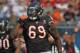 CHICAGO, IL - SEPTEMBER 11: Henry Melton #69 of the Chicago Bears celebrates a sack against the Atlanta Falcons at Soldier Field on September 11, 2011 in Chicago, Illinois. The Bears defeated the Falcons 30-12. (Photo by Jonathan Daniel/Getty Images)