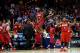 MEMPHIS, TN - MARCH 27: Kendall Pollard #22 and Devin Oliver #5 of the Dayton Flyers celebrate after defeating the Stanford Cardinal 82-72 in a regional semifinal of the 2014 NCAA Men's Basketball Tournament at the FedExForum on March 27, 2014 in Memphis, Tennessee. (Photo by Streeter Lecka/Getty Images)