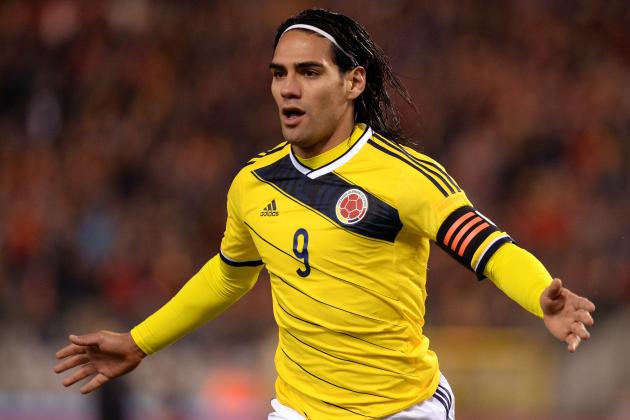 Colombia's Radamel Falcao celebrates after scoring against Belgium during a friendly soccer match at the King Baudouin stadium in Brussels on Thursday, Nov. 14, 2013. (AP Photo/Geert Vanden Wijngaert)