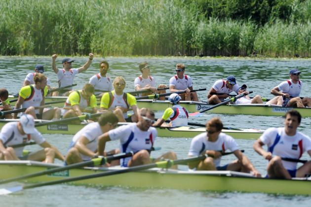 LUCERNE, SWITZERLAND - JULY 14: (L-R) Ian Silveira, Ross James, Nareg Guregian, Austin Hack, Glenn Ochal, Stephen Kasprzyk, Thomas Dethlefs, Thomas Peszek and Zachary Vlahos of the USA team win the gold medal in the final A in the Men's Eight during Day 3 of the 2013 Samsung World Rowing Cup III on Lucerne Rotseon July 14, 2013 in Lucerne, Switzerland. (Photo by Pier Marco Tacca/Getty Images)