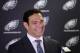Philadelphia Eagles quarterback Mark Sanchez speaks during a news conference at the NFL football team's training facility, Friday, March 28, 2014, in Philadelphia. Sanchez agreed to a one-year contract with the Eagles after the New York Jets signed Michael Vick last Friday. (AP Photo/Matt Rourke)