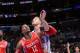November 4, 2013; Los Angeles, CA, USA; Los Angeles Clippers power forward Blake Griffin (32) moves the ball against the defense of Houston Rockets shooting guard James Harden (13) during the first half at Staples Center. Mandatory Credit: Gary A. Vasquez-USA TODAY Sports