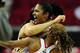 Mar 25, 2014; College Park, MD, USA; Maryland Terrapins forward Alyssa Thomas (25) celebrates with guard Sequoia Austin (0) after beating the Texas Longhorns 69-64 in the second half of a women's college basketball game in the second round of the NCAA Tournament at Comcast Center. Mandatory Credit: Evan Habeeb-USA TODAY Sports
