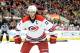 Mar 29, 2014; Raleigh, NC, USA; Carolina Hurricanes center Eric Staal (12) prepares for a faceoff during the third period against the Columbus Blue Jackets at PNC Arena. Mandatory Credit: Rob Kinnan-USA TODAY Sports