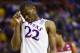 Mar 23, 2014; St. Louis, MO, USA; Kansas Jayhawks guard Andrew Wiggins (22) reacts against the Stanford Cardinal during the second half in the third round of the 2014 NCAA Men's Basketball Championship at Scottrade Center. Mandatory Credit: Scott Rovak-USA TODAY Sports
