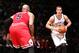 BROOKLYN, NY - MARCH 3: Mason Plumlee #1 of the Brooklyn Nets passes against Carlos Boozer #5 of the Chicago Bulls during a game at the Barclays Center on March 3, 2014 in the Brooklyn borough of New York City. NOTE TO USER: User expressly acknowledges and agrees that, by downloading and/or using this Photograph, user is consenting to the terms and conditions of the Getty Images License Agreement. Mandatory Copyright Notice: Copyright 2014 NBAE (Photo by Nathaniel S. Butler/NBAE via Getty Images)