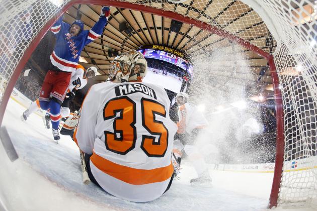 NEW YORK, NY - MARCH 26: Derek Dorsett #15 of the New York Rangers reacts after scoring a first-period goal against Steve Mason #35 of the Philadelphia Flyers at Madison Square Garden on March 26, 2014 in New York City. (Photo by Scott Levy/NHLI via Getty Images)