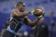 Boston Col linebacker Kevin Pierre-Louis runs a drill at the NFL football scouting combine in Indianapolis, Monday, Feb. 24, 2014. (AP Photo/Michael Conroy)