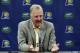 Larry Bird talks about returning as the Indiana Pacers President of Basketball Operations for the NBA basketball team in Indianapolis, Thursday, June 27, 2013. Bird had held the job for the team from 2003 until June 27, 2012. He returns to the position Monday, July 1. (AP Photo/Michael Conroy)